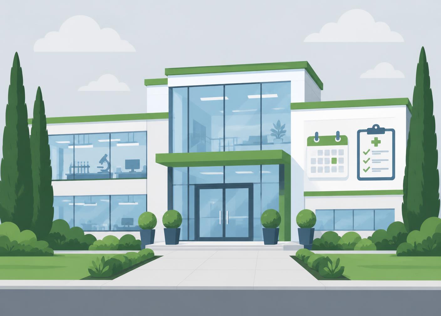 Illustrated clinical research building with trees and a study calendar